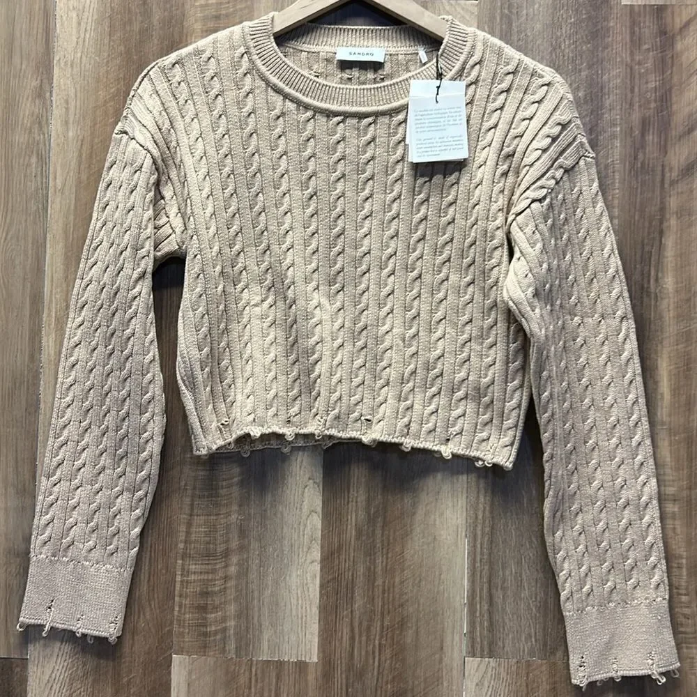 SANDRO- Cropped Cable-Knit Sweater in Beige